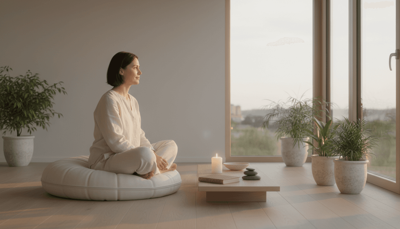 Woman in her 40s in a quiet, modern interior with soft natural light, reflecting calmly