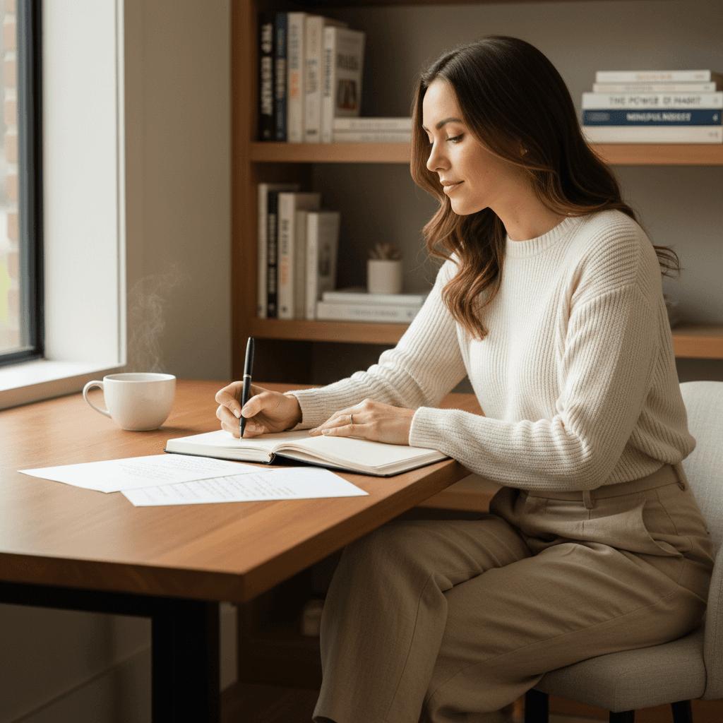 Woman writing in a journal in a calm living space