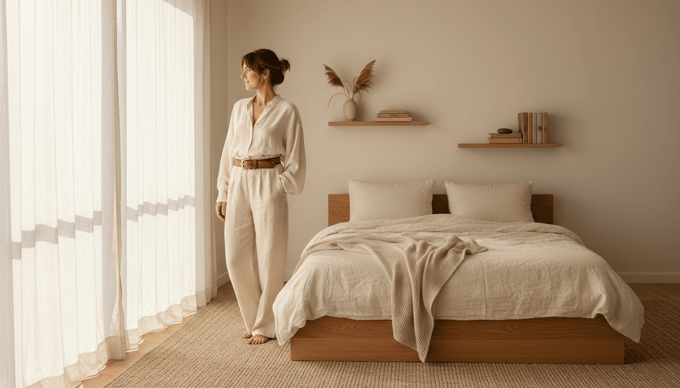Woman sitting calmly in a bright modern room with soft natural light