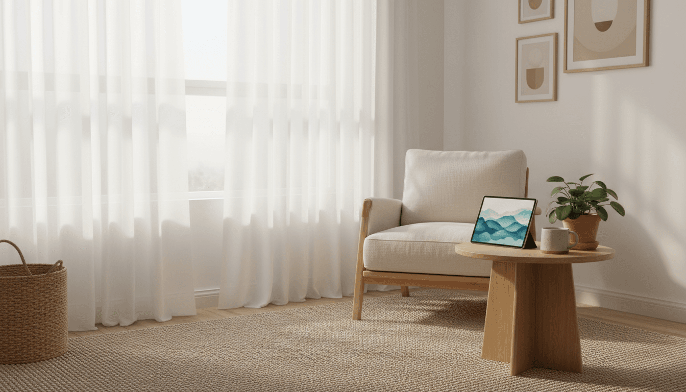 Calm and sophisticated wellness space with muted mauve accents and natural light