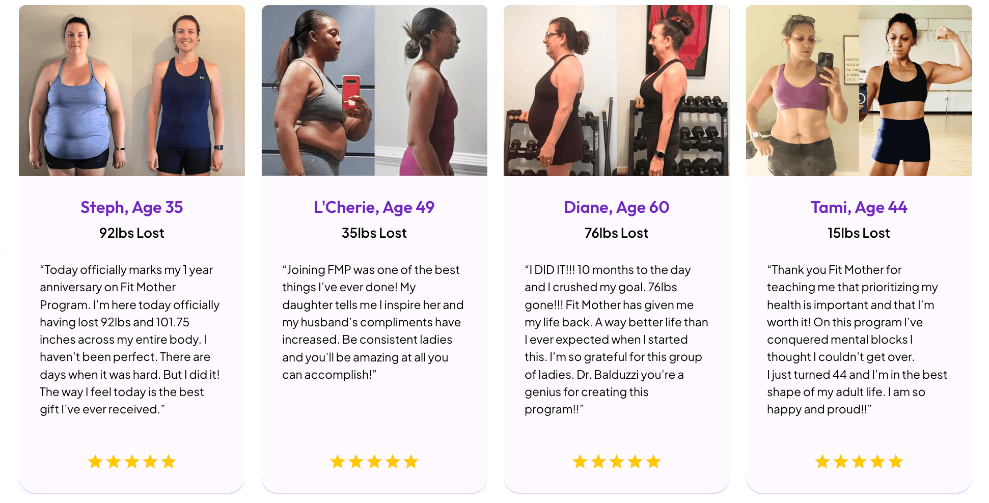 Four women's before and after weight loss transformation photos with personal testimonials and ratings.