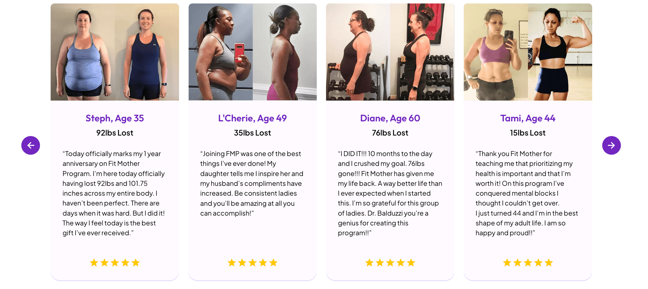 Four before and after weight loss transformation photos of women with testimonials and ratings.